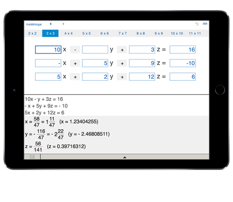 Kalkulatoren finner løsningen av lineære ligningssystemer med opp til 11 ukjente.